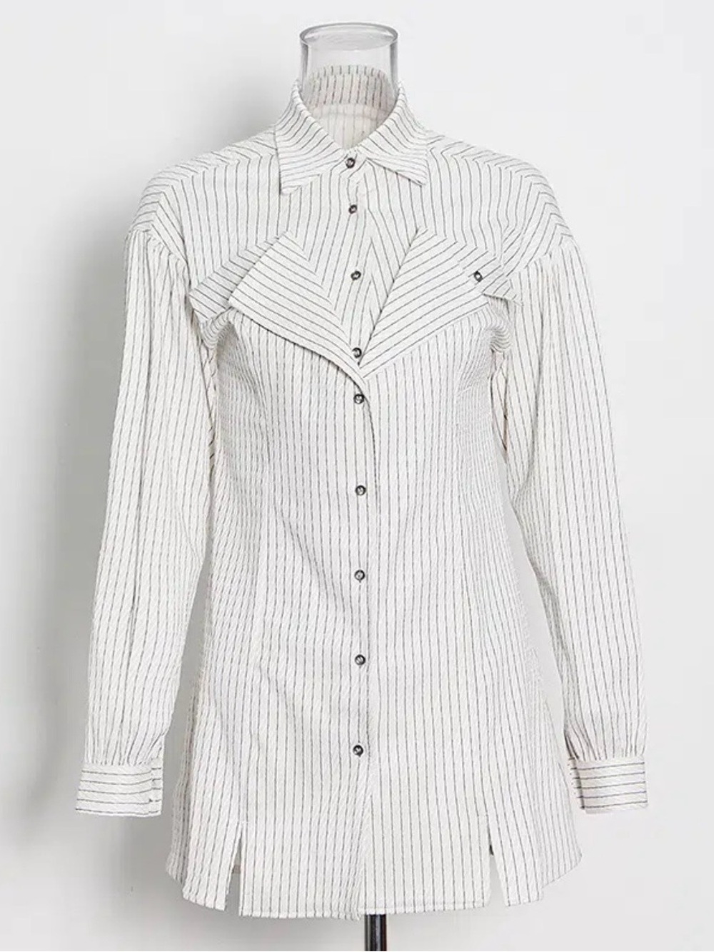 Striped White Button-Up Tunic Shirt